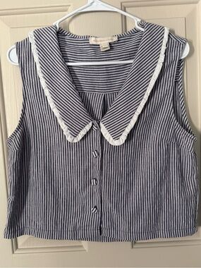 monteau Blue Striped Sleeveless Button-Front Top with Contrast Trim